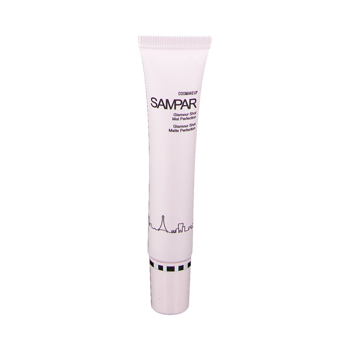 Tube blanc avec nom du produit et logo. Texte noir, illustration d'une skyline.