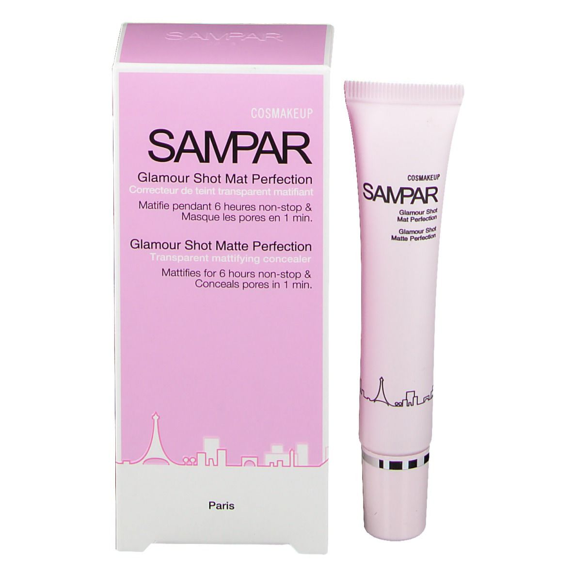 Produit et emballage. Boîte rose avec nom du produit et logo. Tube à côté.