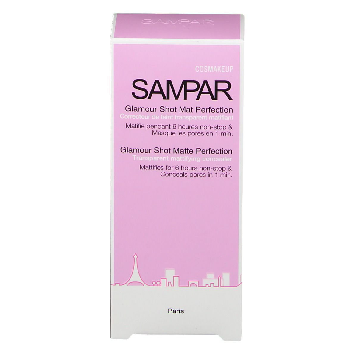 Emballage rose avec nom du produit et logo. Illustration de skyline et texte.