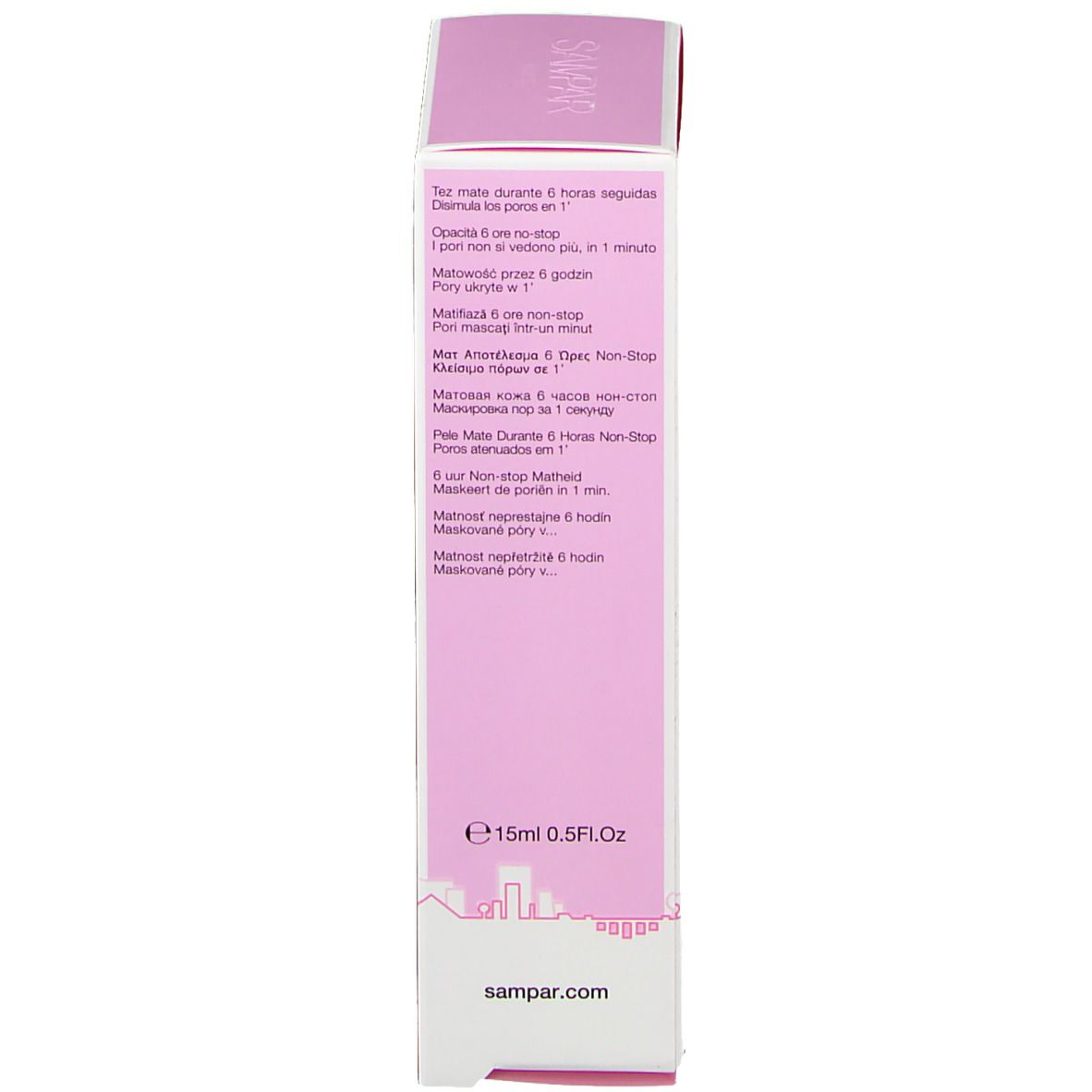 Emballage rose. Texte multilingue, informations sur le contenu, adresse du site web.