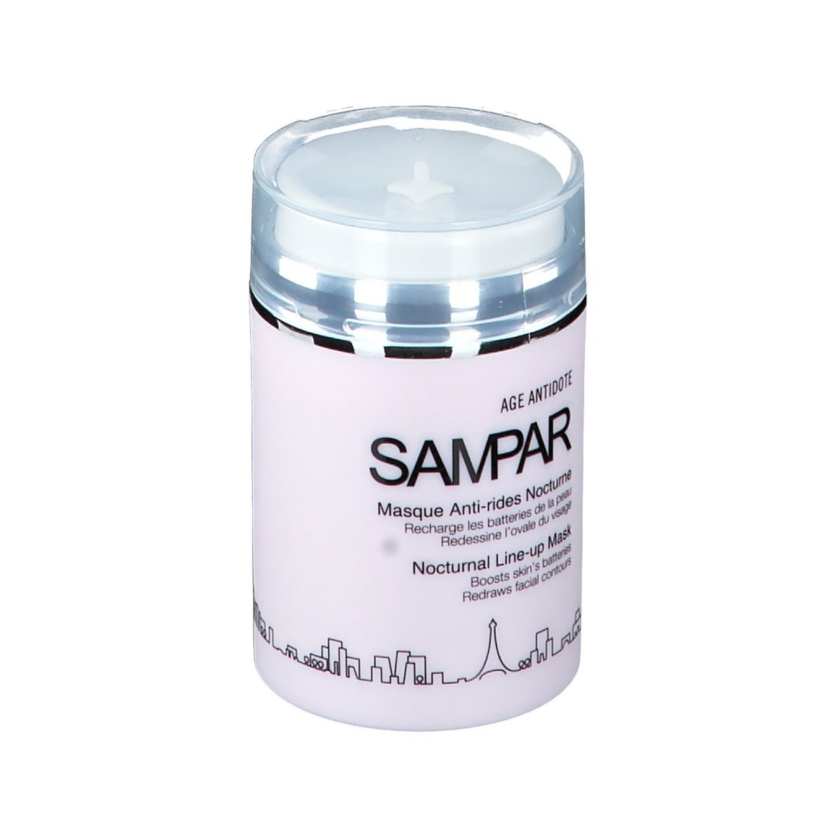 Zylindrische Dose mit Deckel. Aufschrift SAMPAR, Masque Anti-rides Nocturne, Nocturnal Line-up Mask. Stadtumriss.
