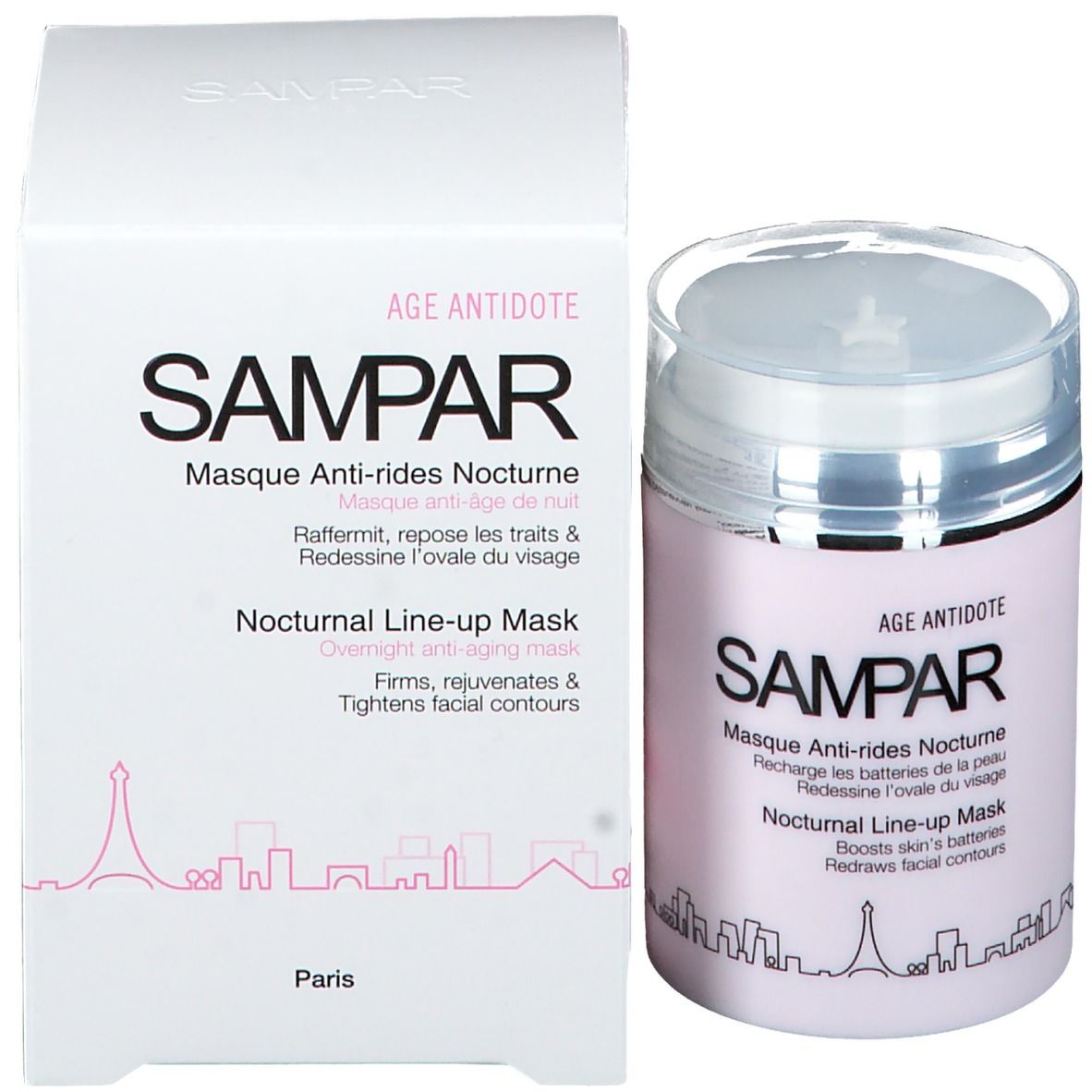 Produktverpackung und Dose. Aufschrift SAMPAR, Masque Anti-rides Nocturne, Nocturnal Line-up Mask. Stadtumriss, Eiffelturm.