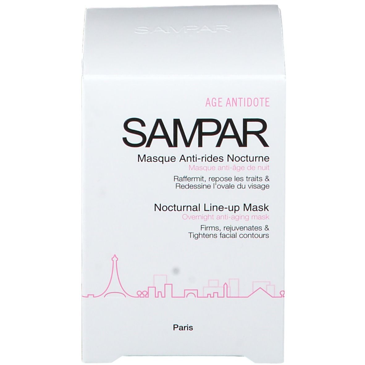 Produktverpackung. Aufschrift SAMPAR, Masque Anti-rides Nocturne, Nocturnal Line-up Mask. Stadtumriss, Eiffelturm.