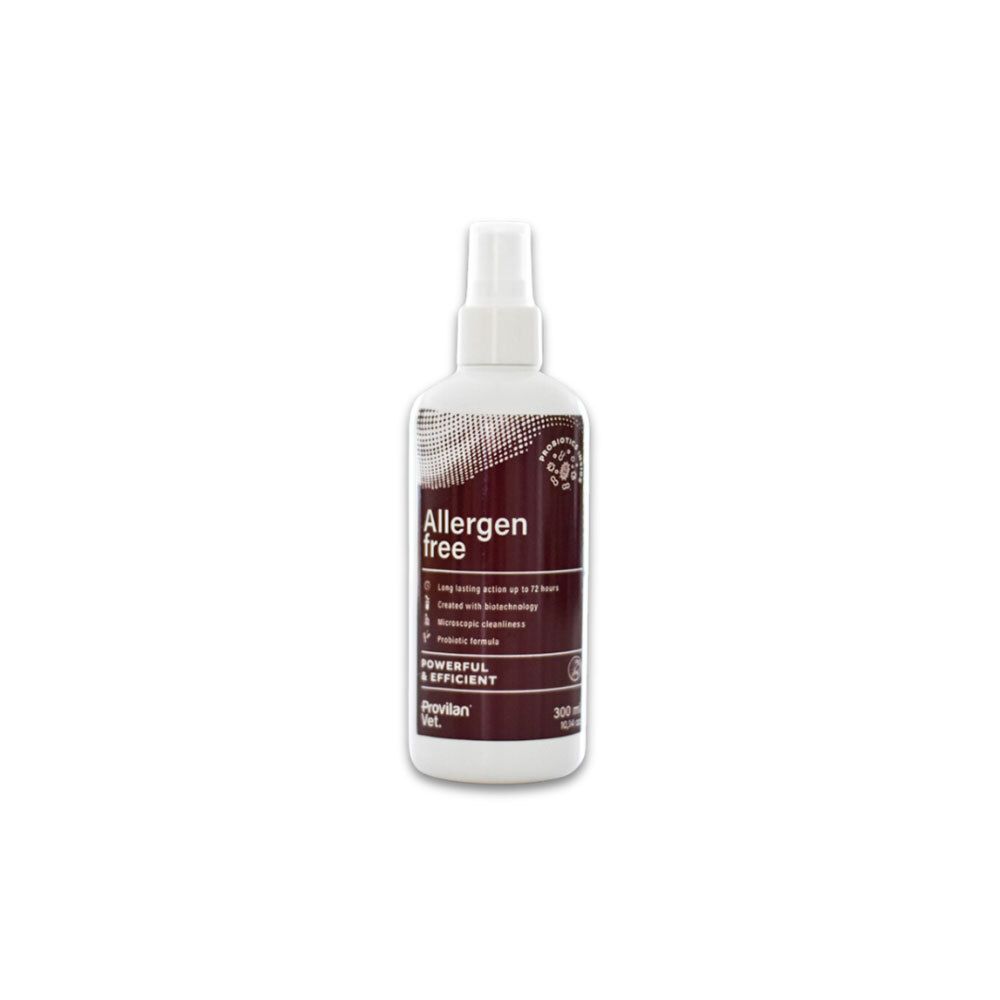 Weiße Sprühflasche mit dunkelrotem Etikett. Beschriftung: "Allergen free", "ProVilan Vet.", "300ml".