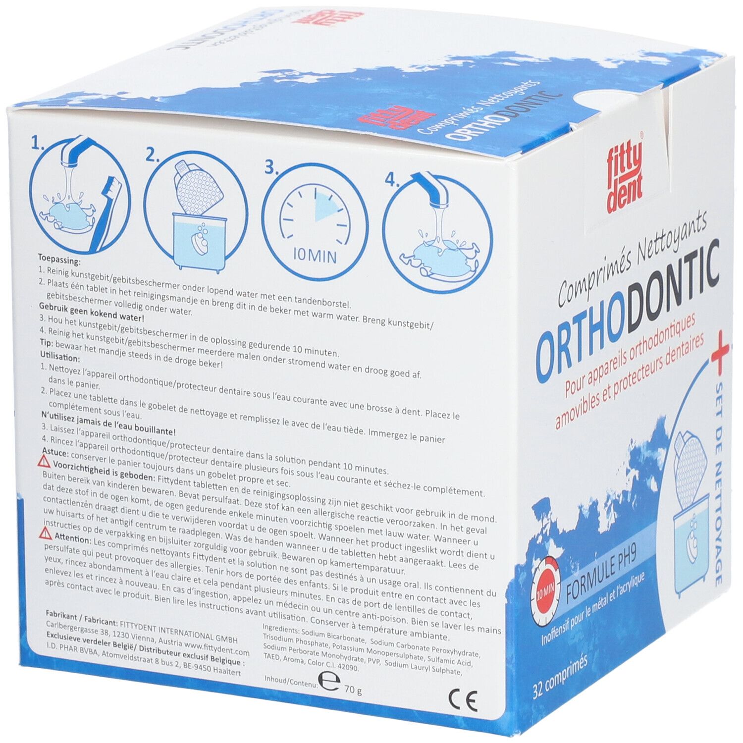 Rückseite der Schachtel mit fitty dent® ORTHODONTIC Reinigungstabletten. Gebrauchsanweisung mit Illustrationen. Enthält 32 Tabletten.