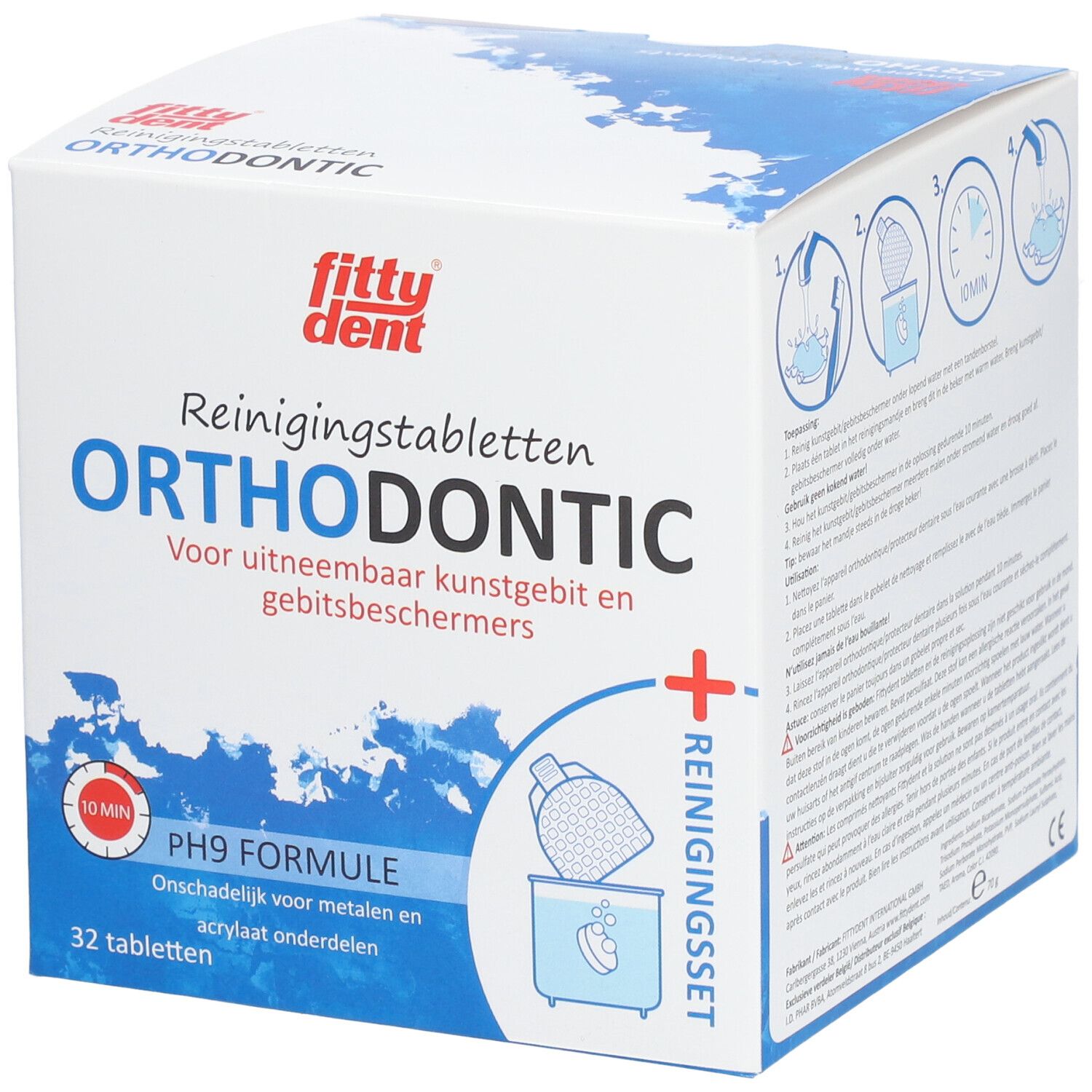 Schachtel mit fitty dent® ORTHODONTIC Reinigungstabletten. Für herausnehmbaren Zahnersatz. Enthält 32 Tabletten. PH9 Formel.