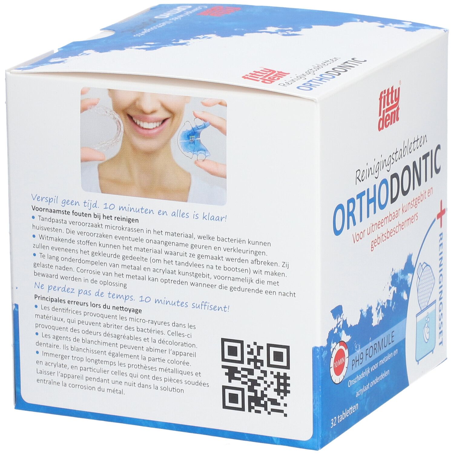 Rückseite der Schachtel mit fitty dent® ORTHODONTIC Reinigungstabletten. Enthält 32 Tabletten. Mit Illustrationen und QR-Code.