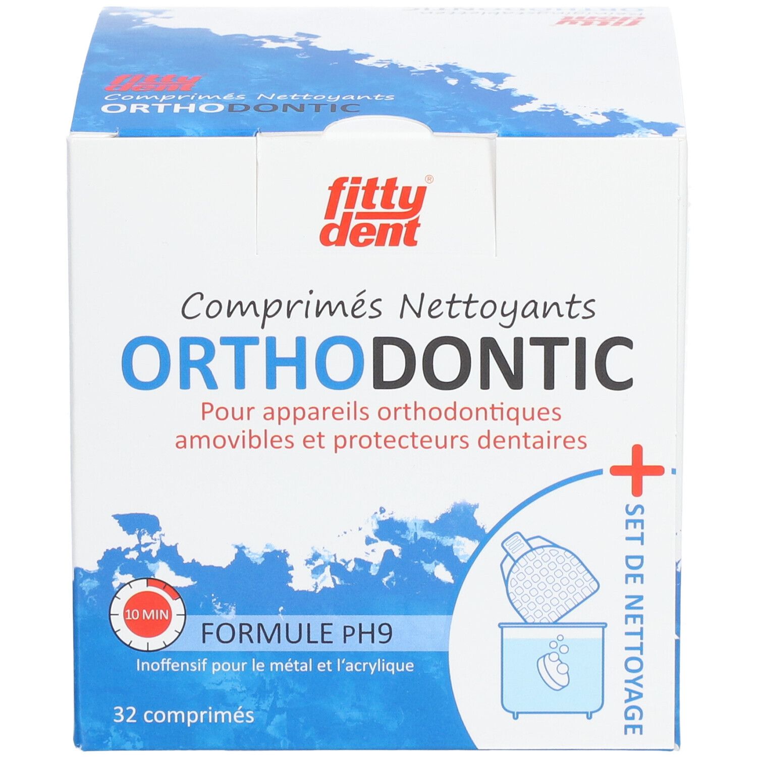 Schachtel mit fitty dent® ORTHODONTIC Reinigungstabletten. Für herausnehmbare Zahnspangen. Enthält 32 Tabletten. PH9 Formel.