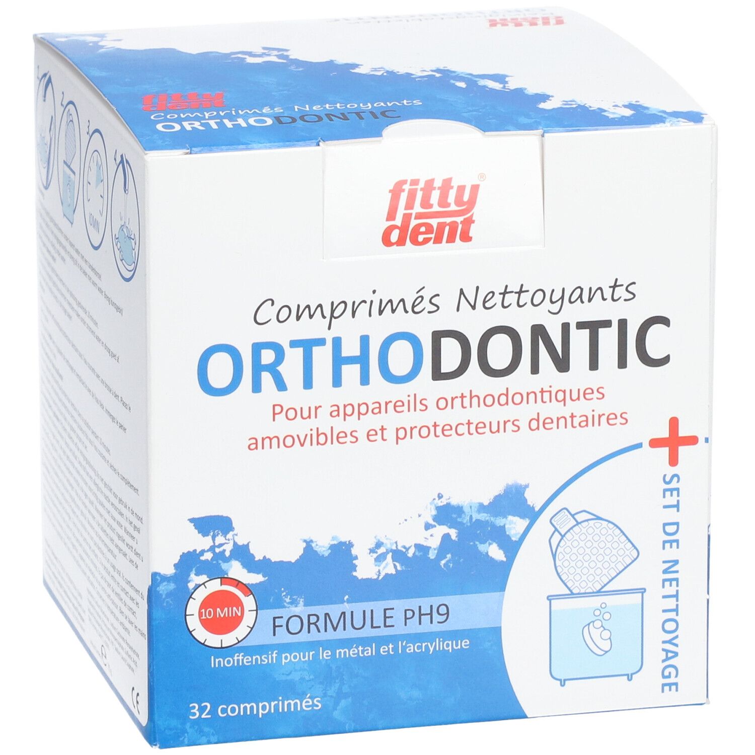 Schachtel mit fitty dent® ORTHODONTIC Reinigungstabletten. Für herausnehmbare Zahnspangen. Enthält 32 Tabletten. PH9 Formel.