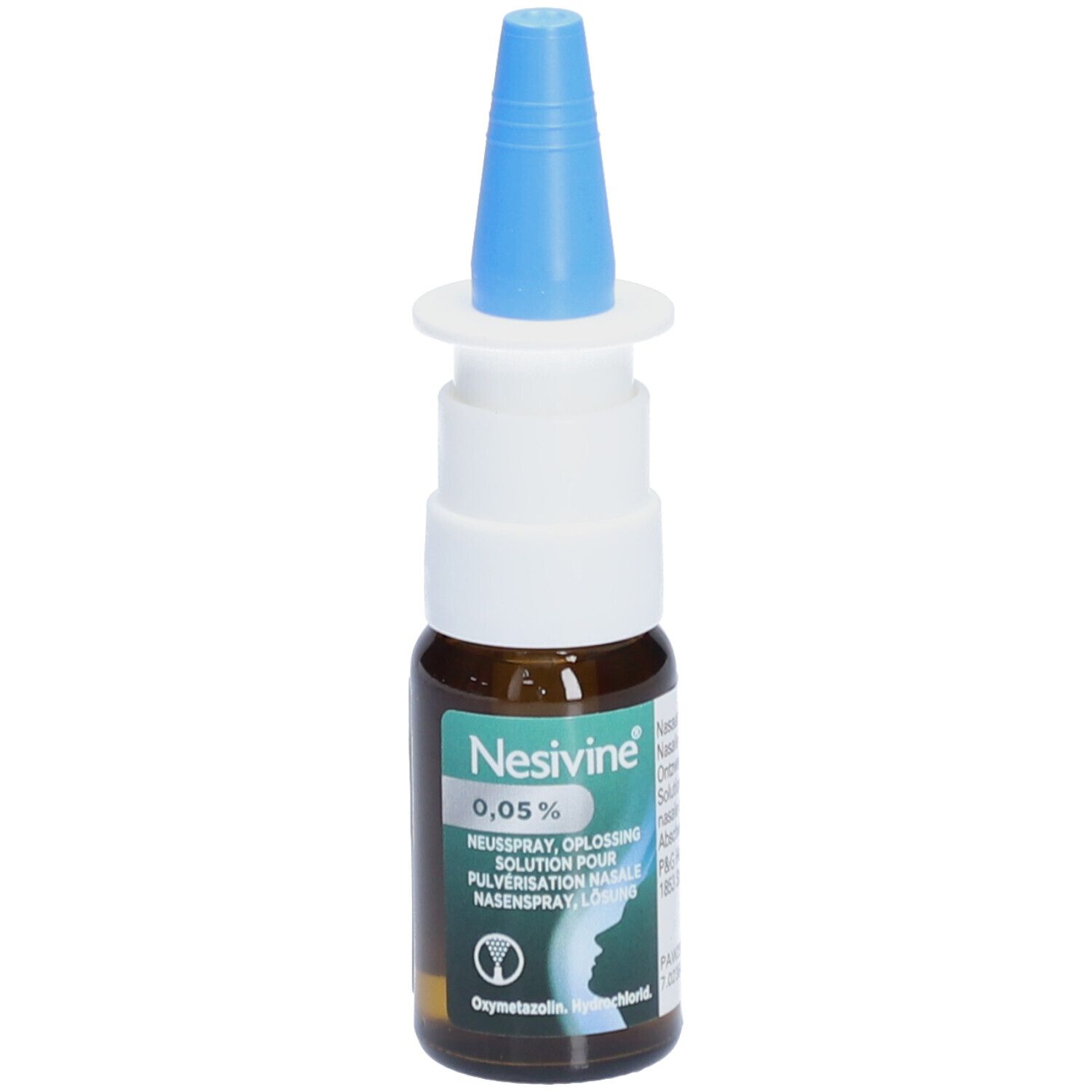 Neussprayfles, bruin glas, blauwe sproeikop. Opschrift: Nesivine 0,05%.