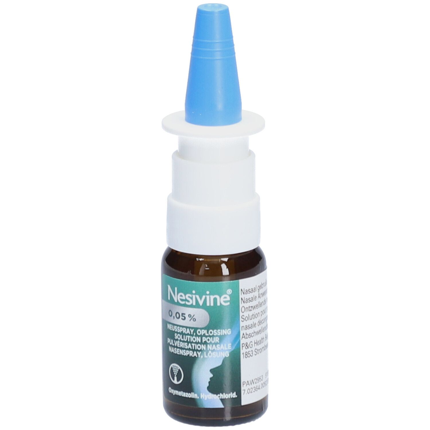 Neussprayfles, bruin glas, blauwe sproeikop. Opschrift: Nesivine 0,05%, neusspray.
