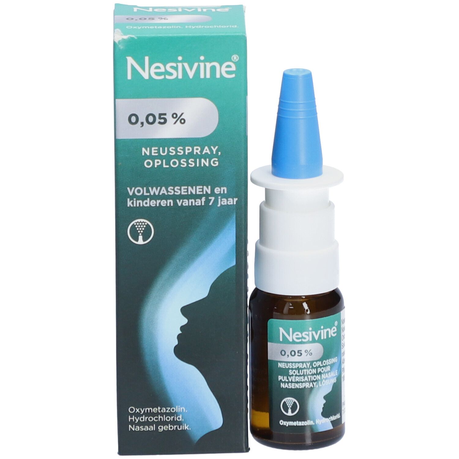 Productverpakking met neussprayfles. Opschrift: Nesivine 0,05%, voor volwassenen en kinderen vanaf 7 jaar.