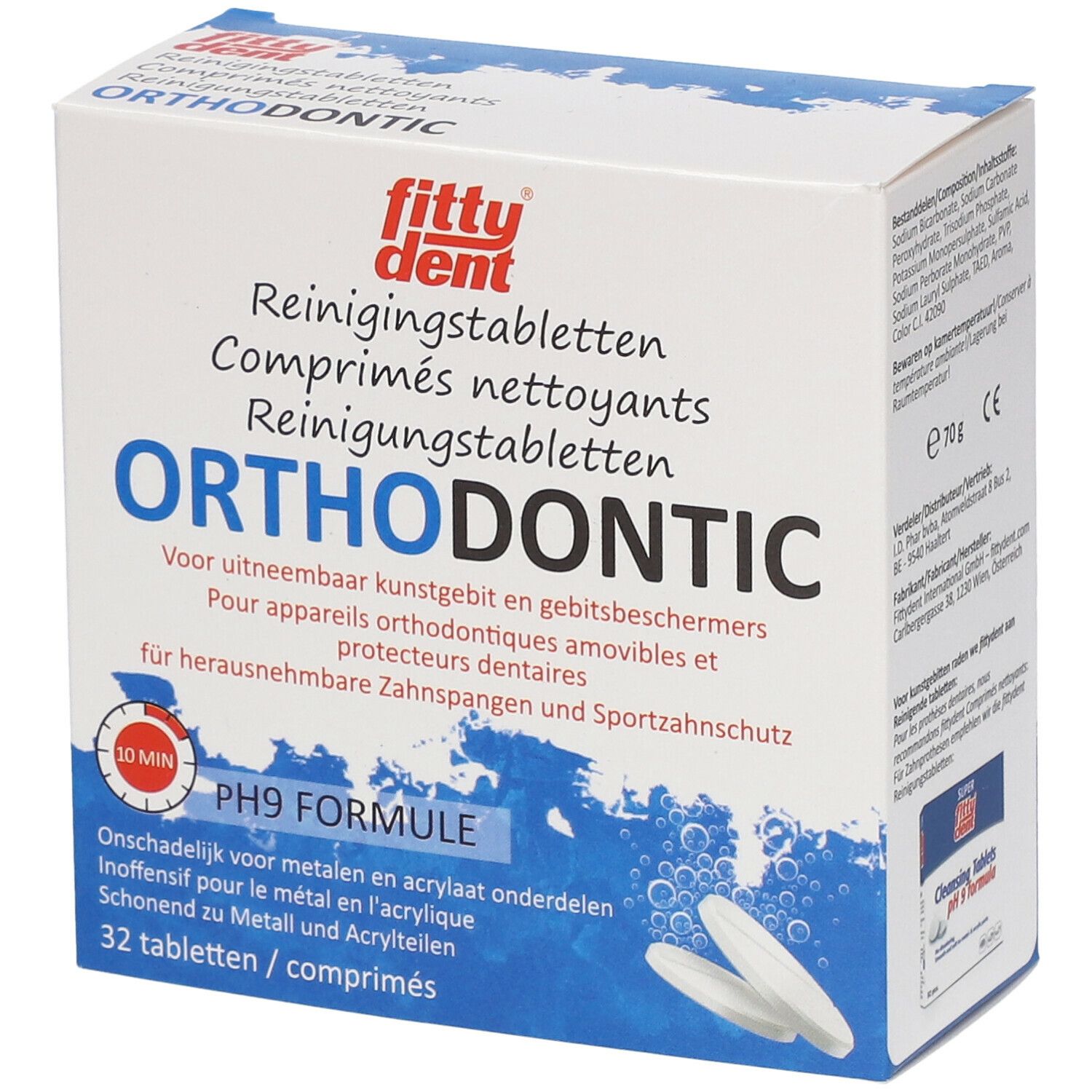 Doosje fittydent ® Orthodontic reinigingstabletten. Bevat 32 tabletten. Blauw-witte verpakking met productnaam.