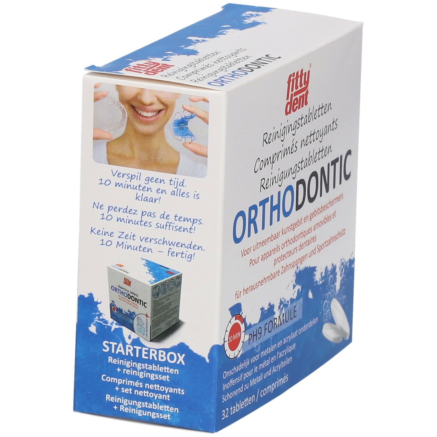 fittydent ® Orthodontic Starterbox. Bevat reinigingstabletten en reinigingsset. Verpakking met productafbeelding en tekst.