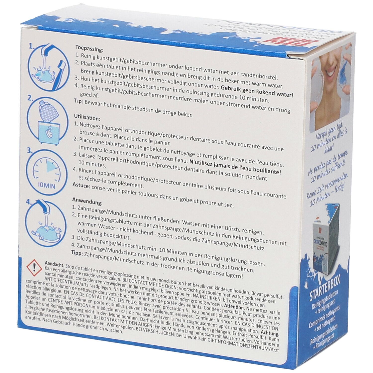 Achterkant van de fittydent ® Orthodontic verpakking. Bevat gebruiksaanwijzingen en productinformatie. Met illustraties.
