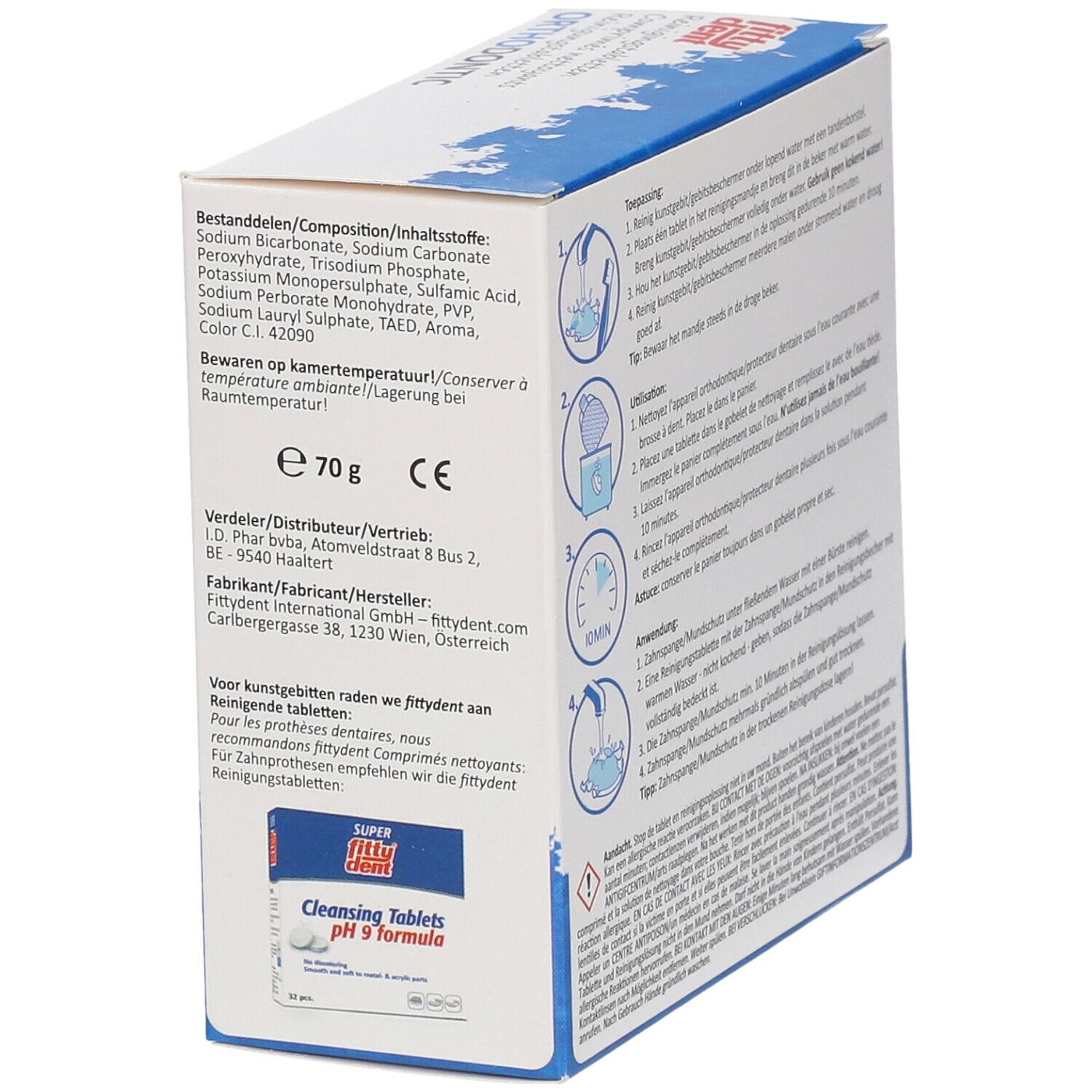 fittydent ® Orthodontic verpakking met ingrediënten en gebruiksaanwijzing. Bevat 70g. Met CE-markering.
