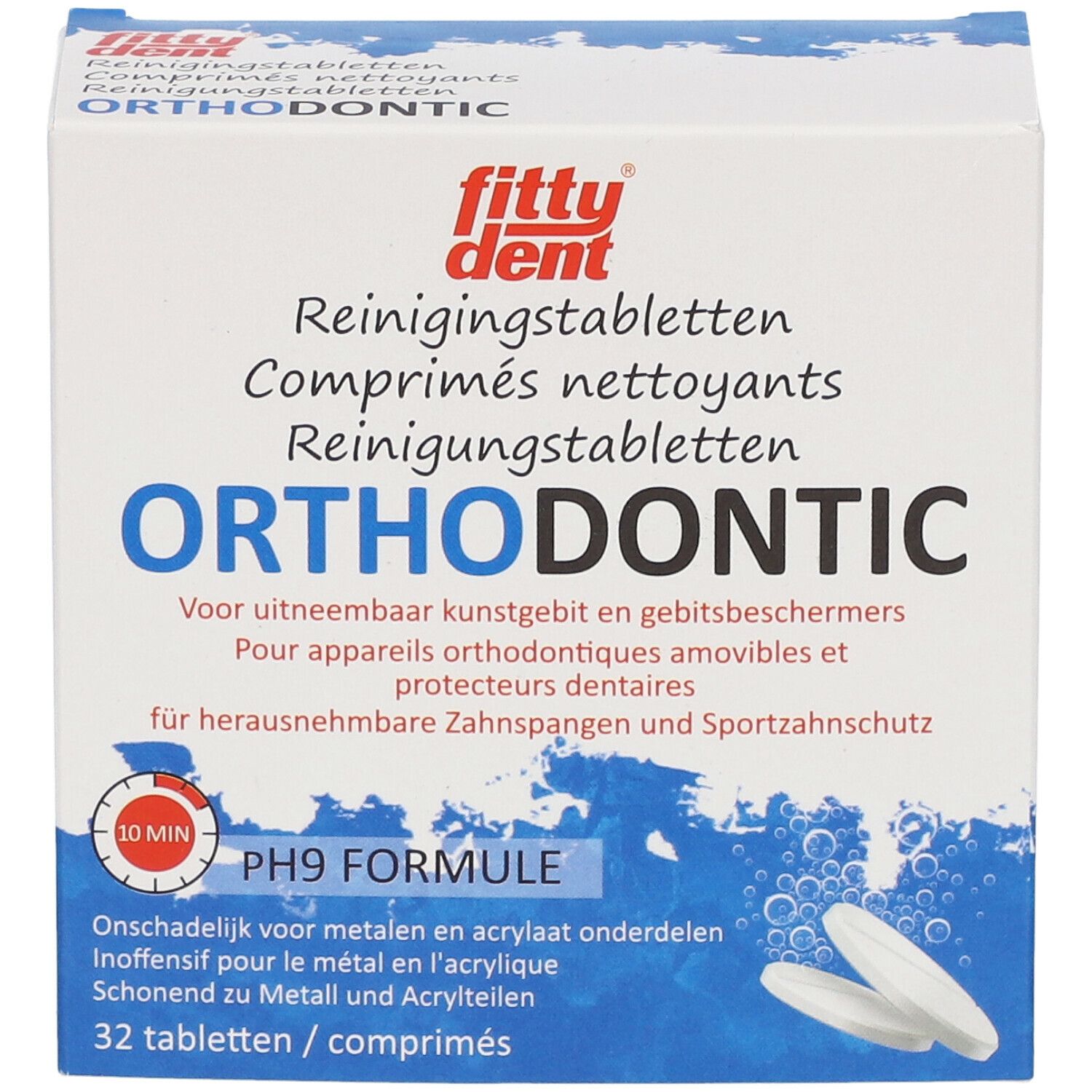fittydent ® Orthodontic verpakking. Bevat 32 reinigingstabletten. Blauw-witte verpakking met productnaam en logo.