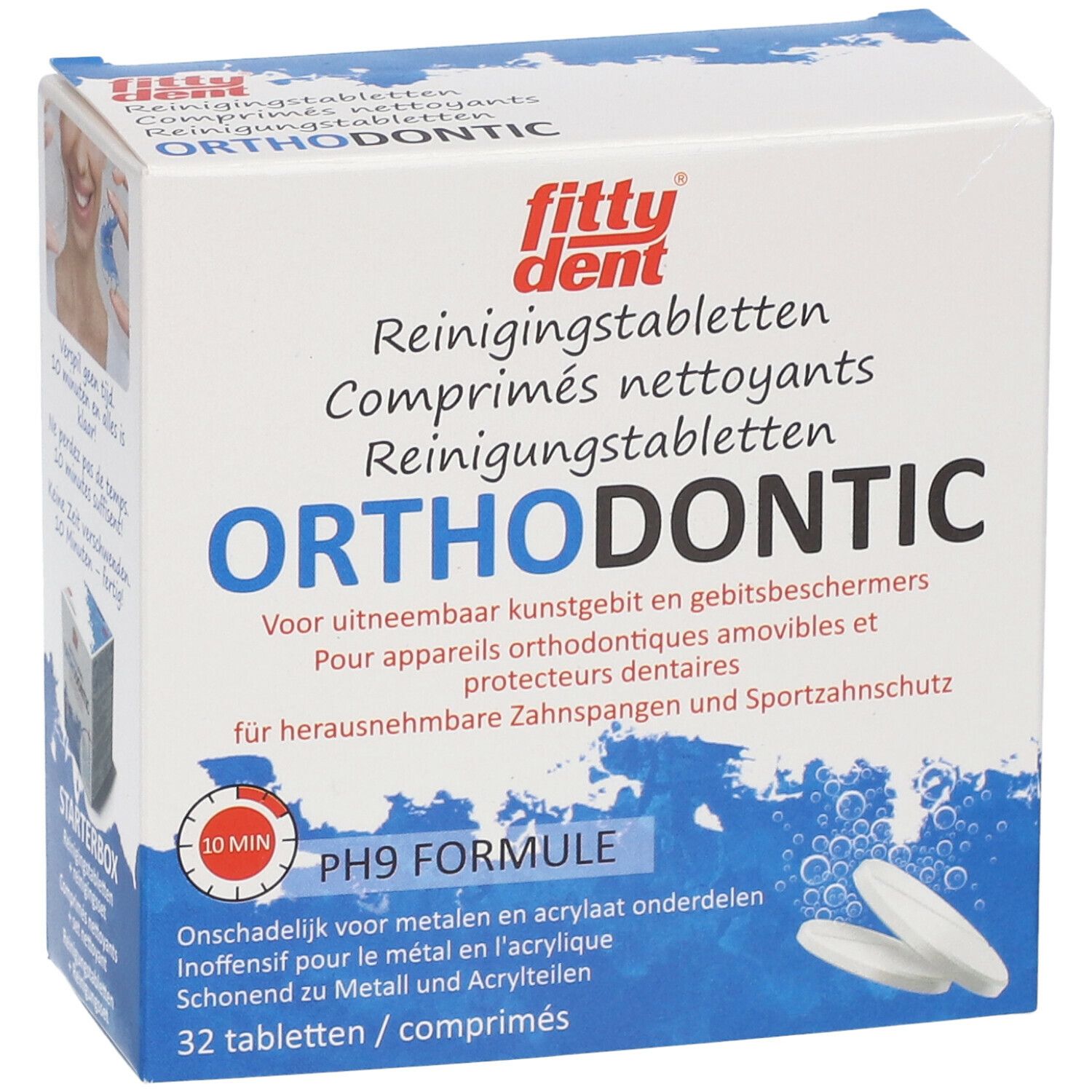 fittydent ® Orthodontic verpakking. Bevat 32 reinigingstabletten. Blauw-witte verpakking met productnaam en logo.