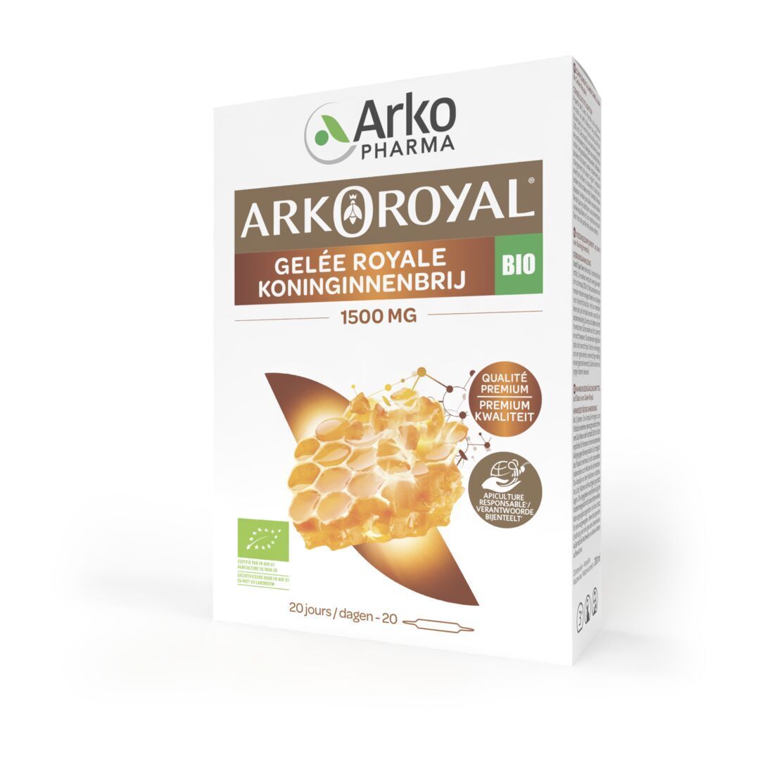 Boîte Arko Royal Jalea Real 1500mg. Contient 20 ampoules. Label Bio et labels de qualité.