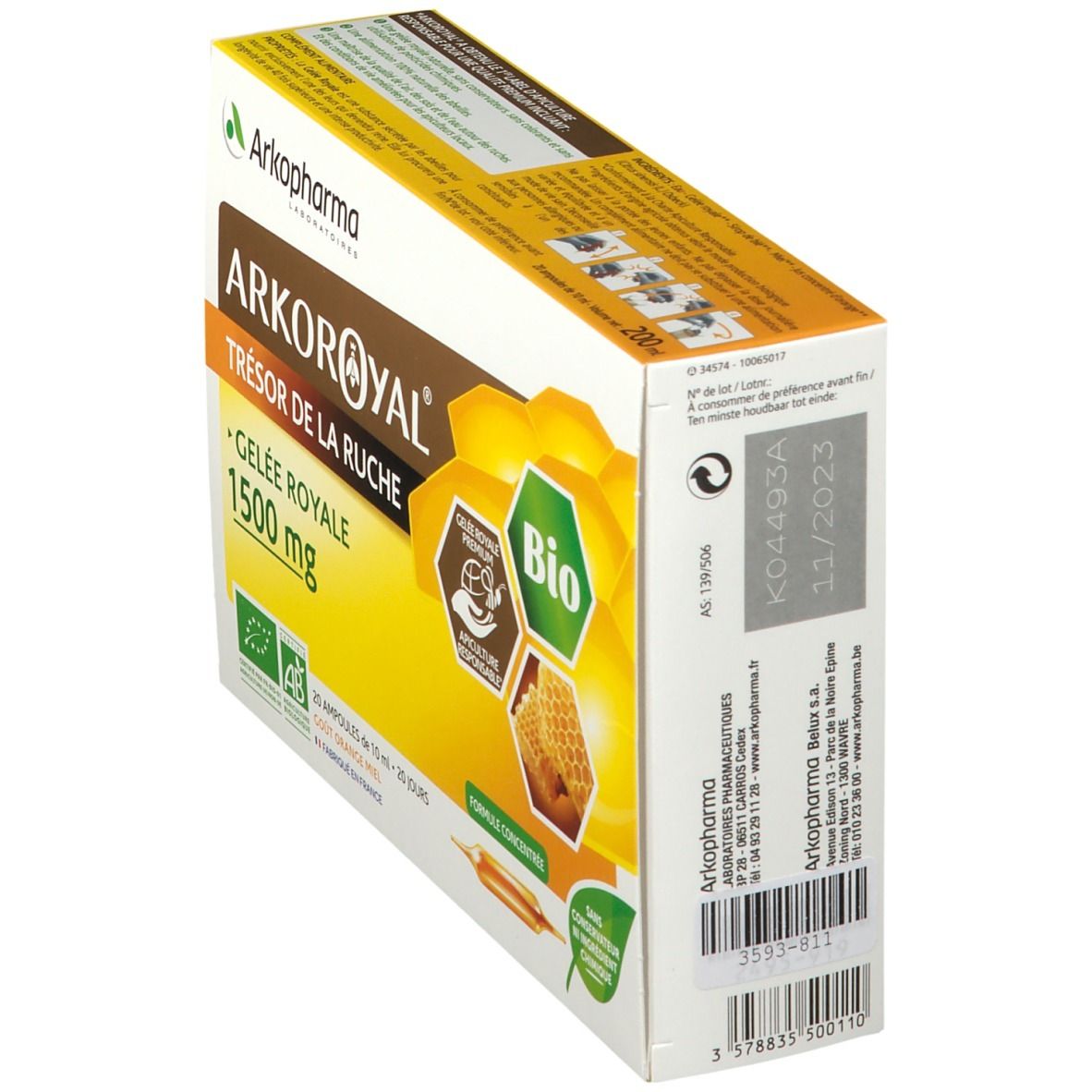 Boîte Arko Royal Jalea Real 1500mg en biais. Contient 20 ampoules. Label Bio et Apiculture Responsable. Date de péremption.