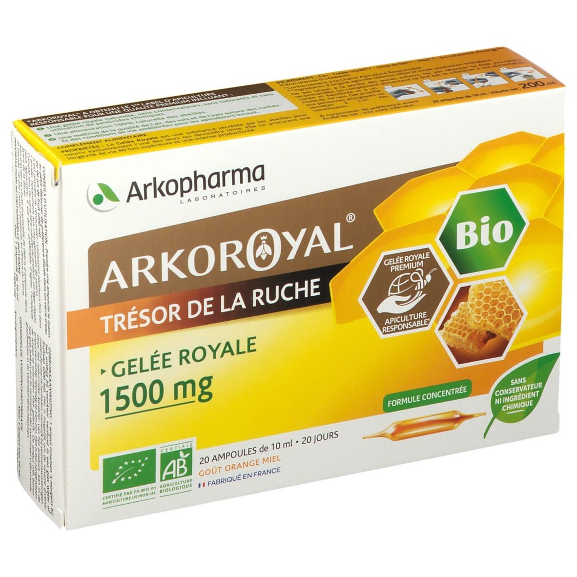 Boîte Arko Royal Jalea Real 1500mg. Contient 20 ampoules. Label Bio et Apiculture Responsable. Goût orange miel.