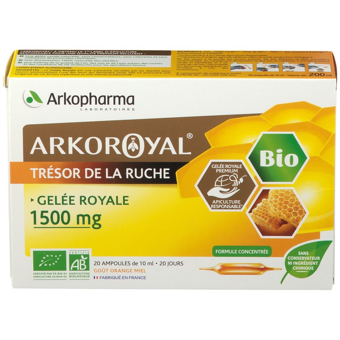 Boîte Arko Royal Jalea Real 1500mg. Contient 20 ampoules. Label Bio et Apiculture Responsable. Goût orange miel.