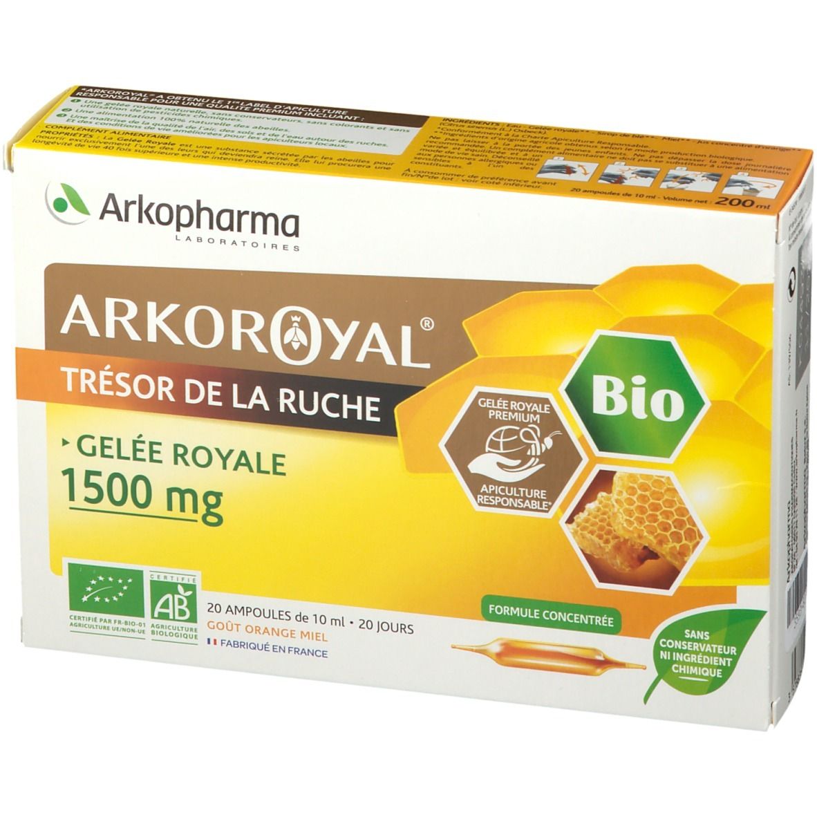 Boîte Arko Royal Jalea Real 1500mg. Contient 20 ampoules. Label Bio et Apiculture Responsable. Goût orange miel.