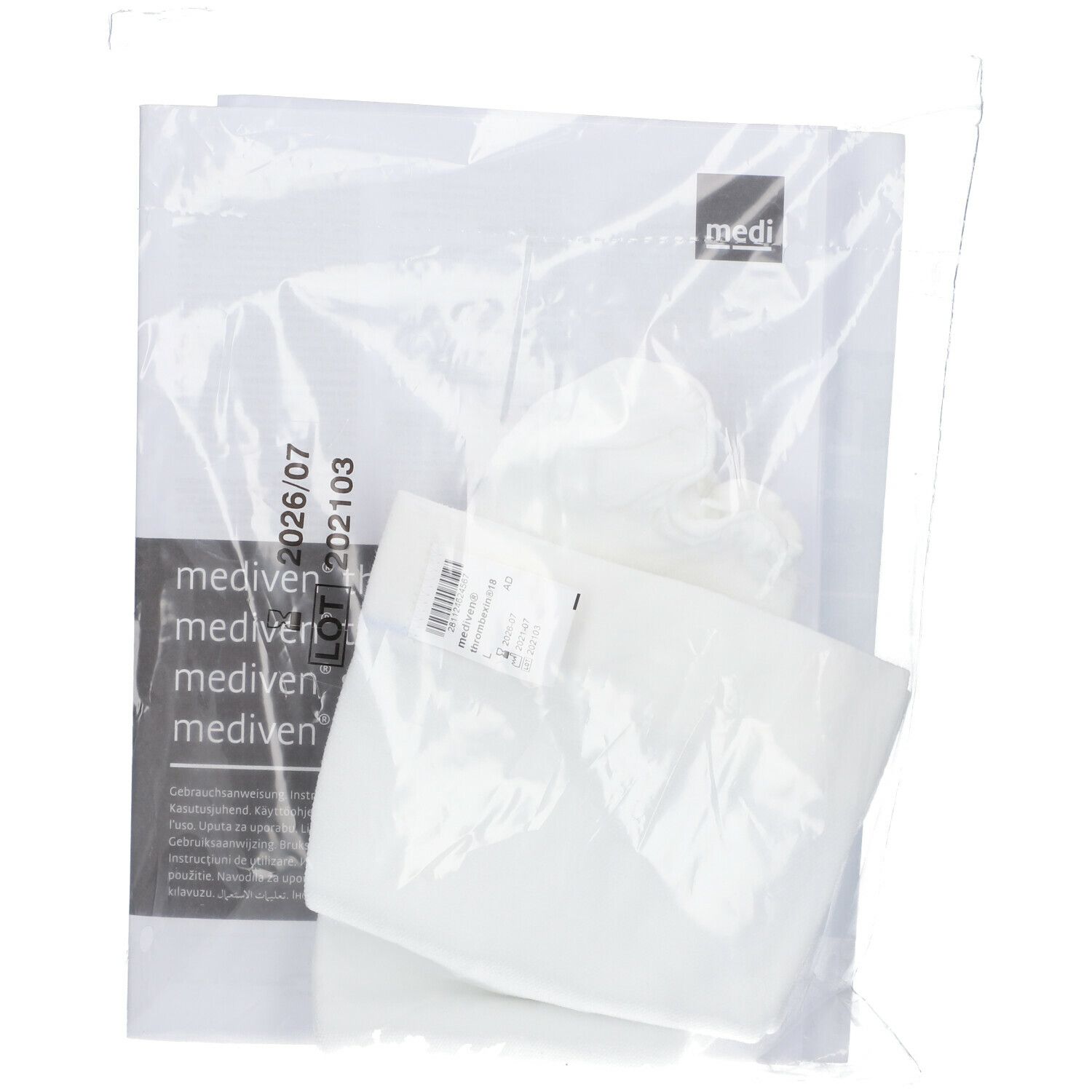 Mediven Thrombexin 18, kuitkous, in folieverpakking. Productinformatie en lotnummer zichtbaar.