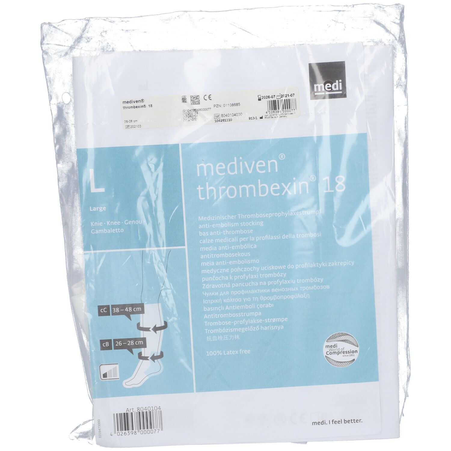 Mediven Thrombexin 18, kniekous, maat L, in plastic verpakking. Informatie en logo zichtbaar.