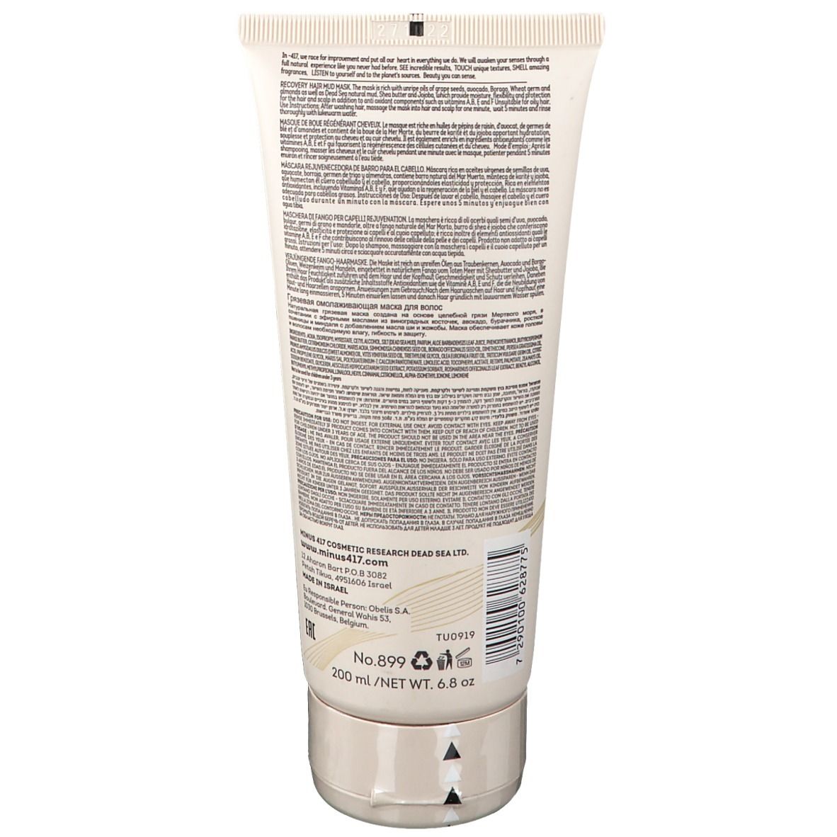 Rückseite einer beigen Tube. Text mit Produktinformationen und Logo -417. Produktbezeichnung: No.899.