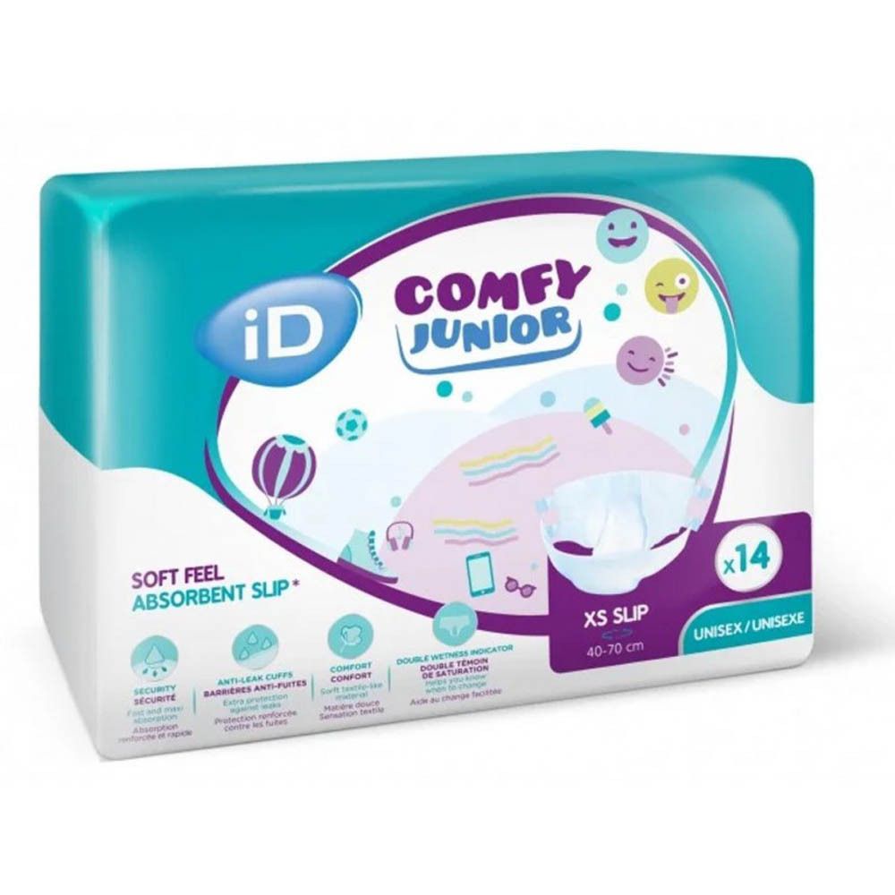 Verpakking iD Comfy Junior XS Slip, 14 stuks. Blauwe verpakking met afbeelding. Opschriften: iD, Comfy Junior, XS Slip, Soft Feel, Absorbent Slip, Unisex.