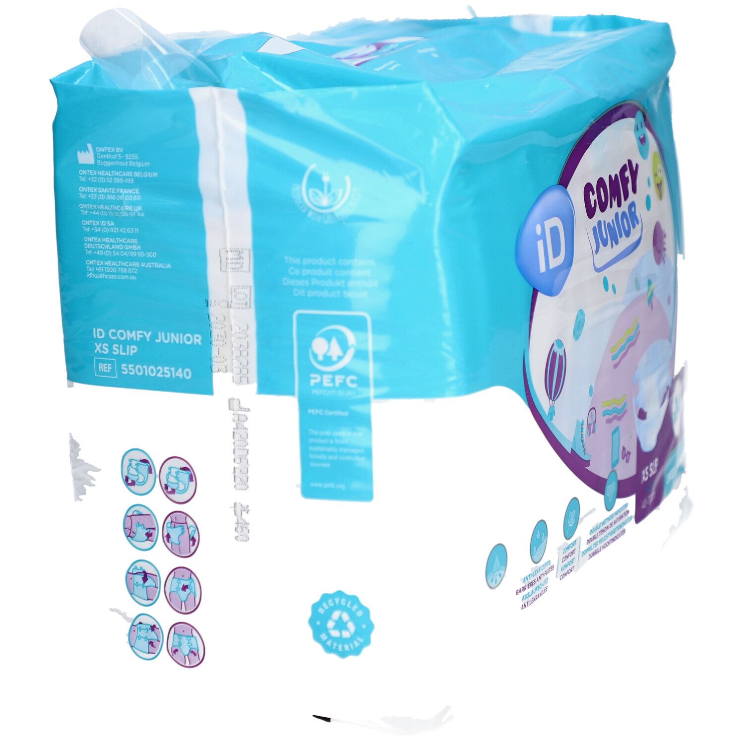 Verpakking iD Comfy Junior XS Slip. Blauwe verpakking met informatie en logo's. Opschriften: iD, Comfy Junior, XS Slip, PEFC, gerecyclede materialen.