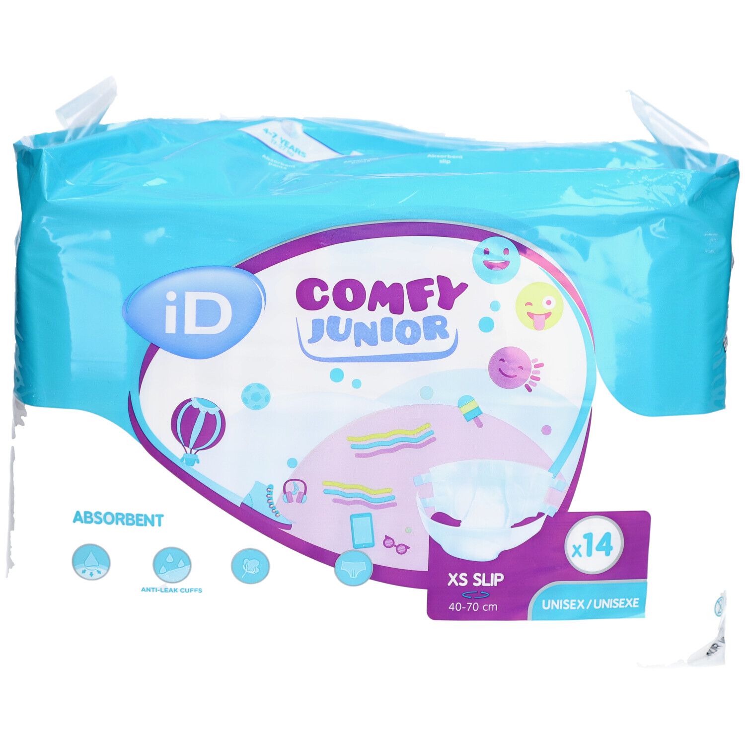 Verpakking iD Comfy Junior XS Slip, 14 stuks. Blauwe verpakking met afbeelding. Opschriften: iD, Comfy Junior, XS Slip, Absorbent, Unisex.