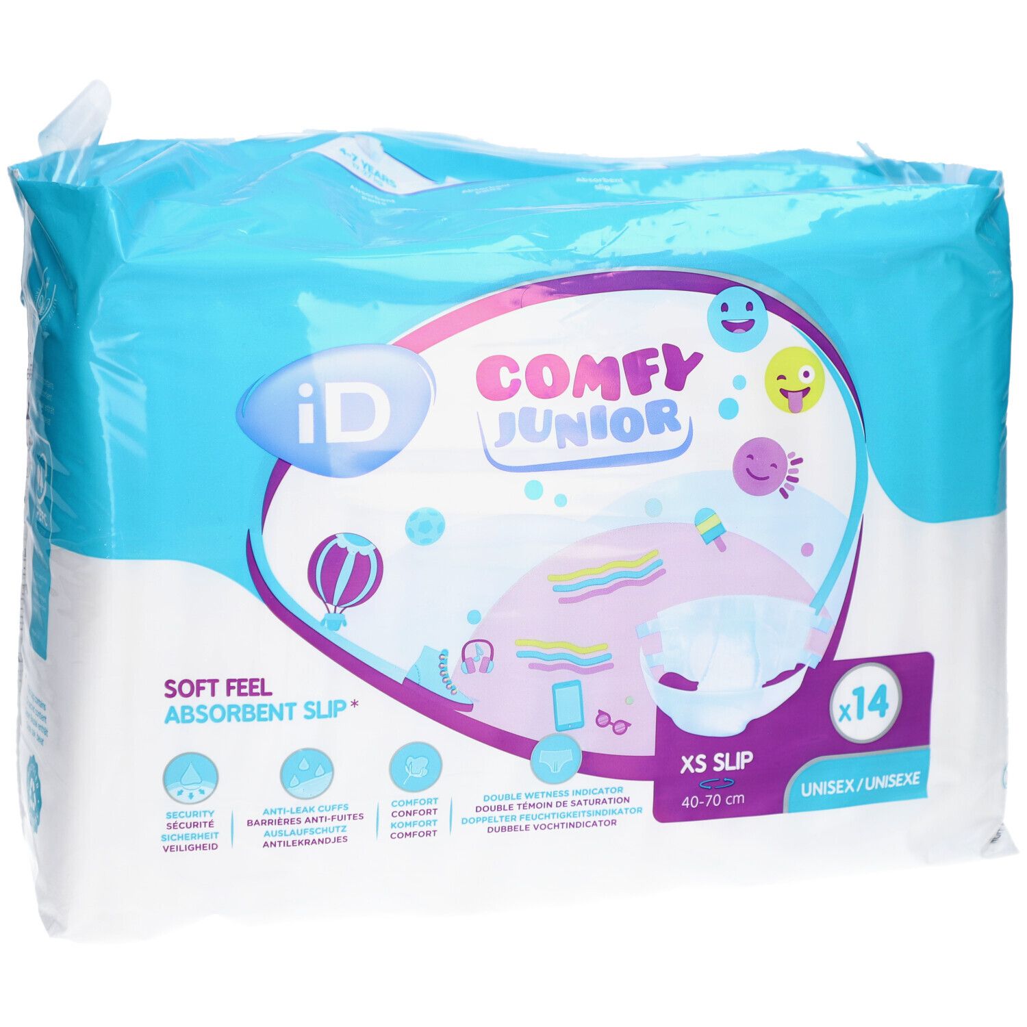 Verpakking iD Comfy Junior XS Slip, 14 stuks. Blauwe verpakking met afbeelding. Opschriften: iD, Comfy Junior, XS Slip, Soft Feel, Absorbent Slip, Unisex.