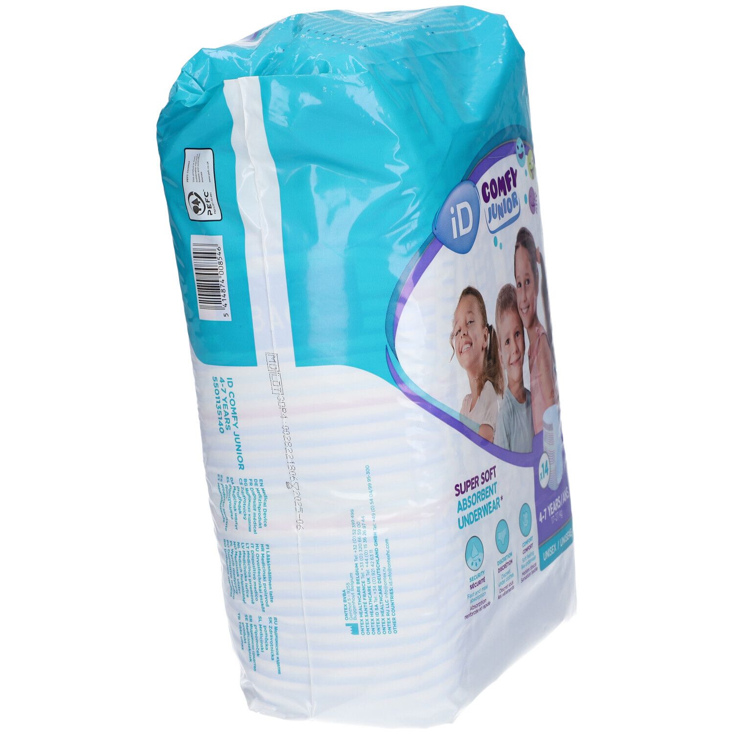 Zijaanzicht van de verpakking iD Comfy Junior Pants. Bevat 14 stuks. Geschikt voor 4-7 jaar. Unisex.