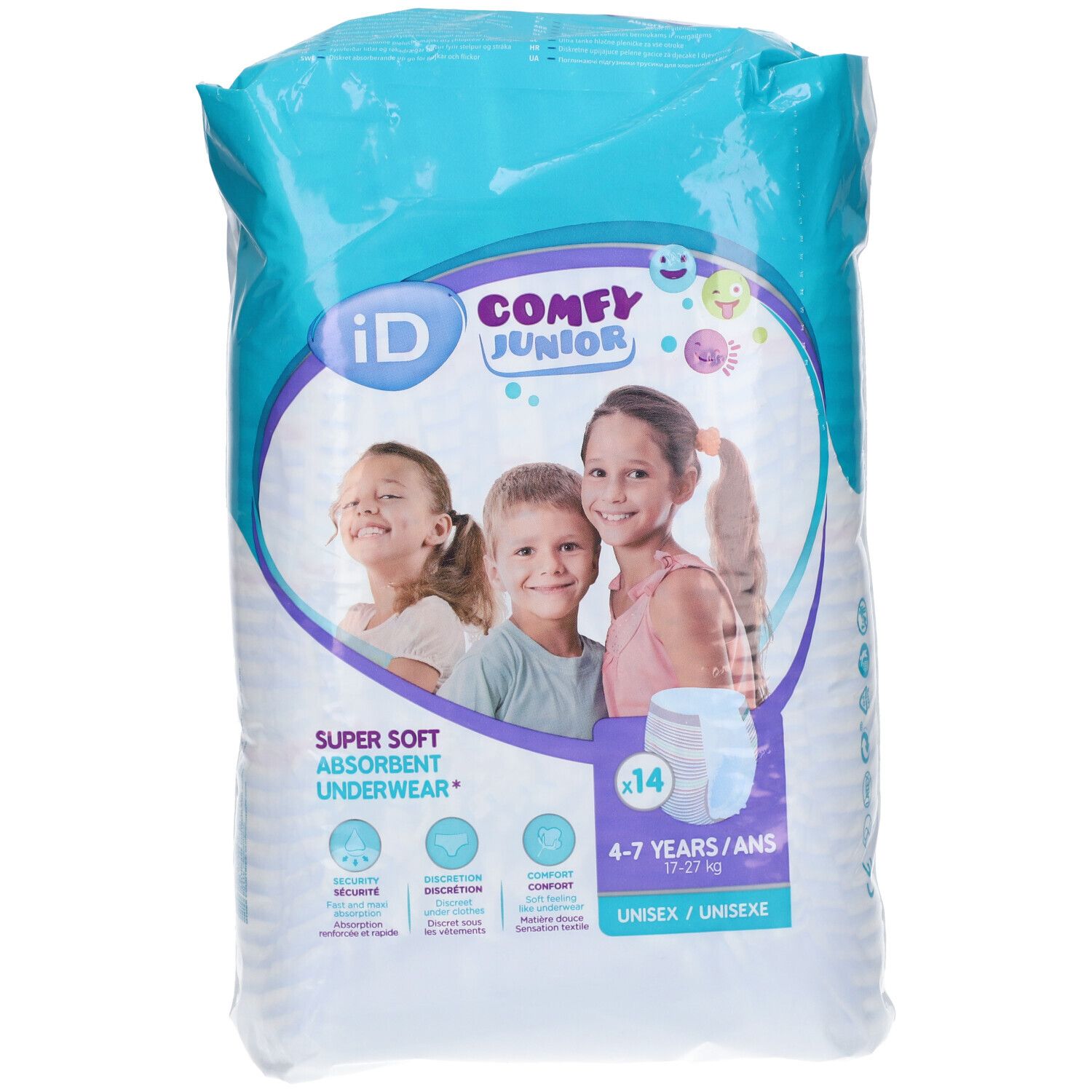 Verpakking iD Comfy Junior Pants. Bevat 14 stuks. Geschikt voor 4-7 jaar. Unisex. Afbeelding van kinderen.