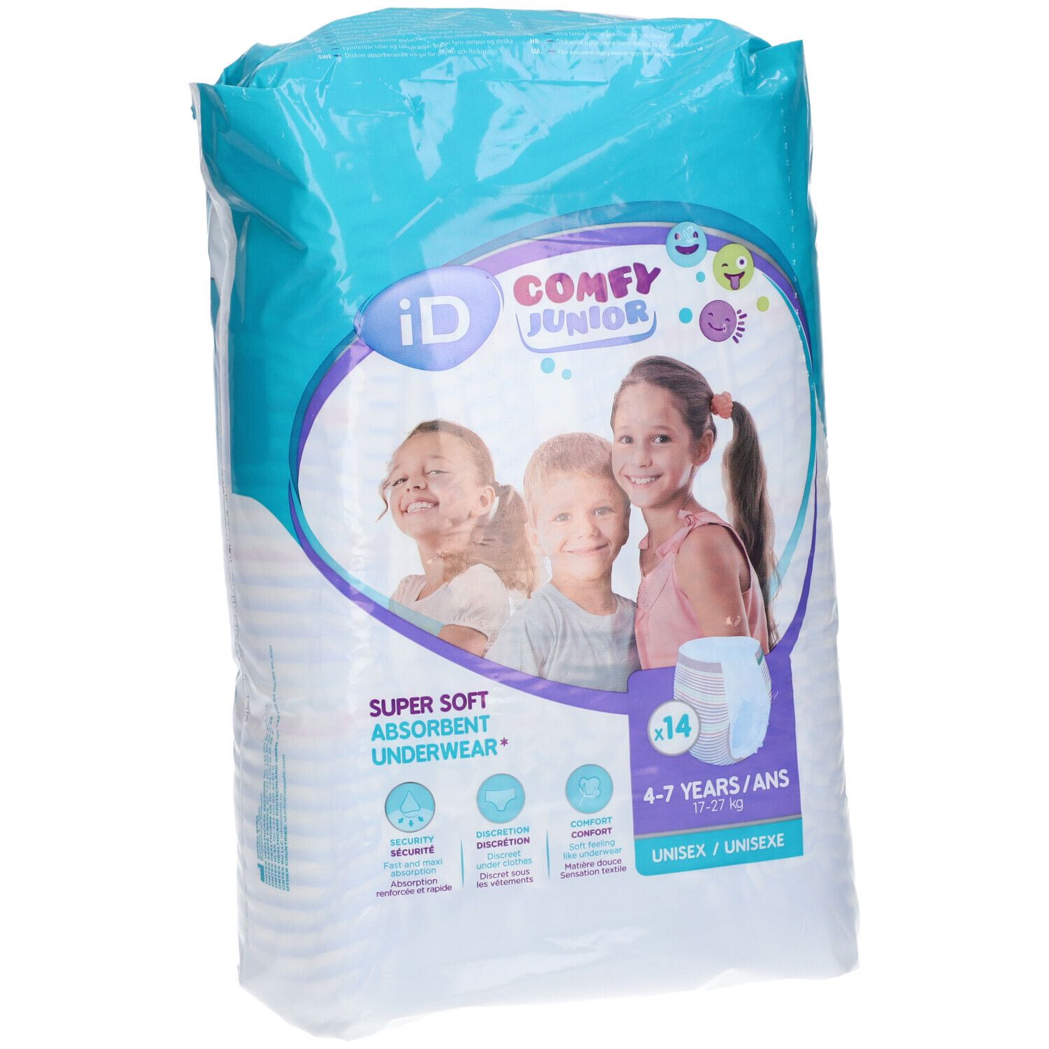 Verpakking iD Comfy Junior Pants. Bevat 14 stuks. Geschikt voor 4-7 jaar. Unisex. Afbeelding van kinderen.