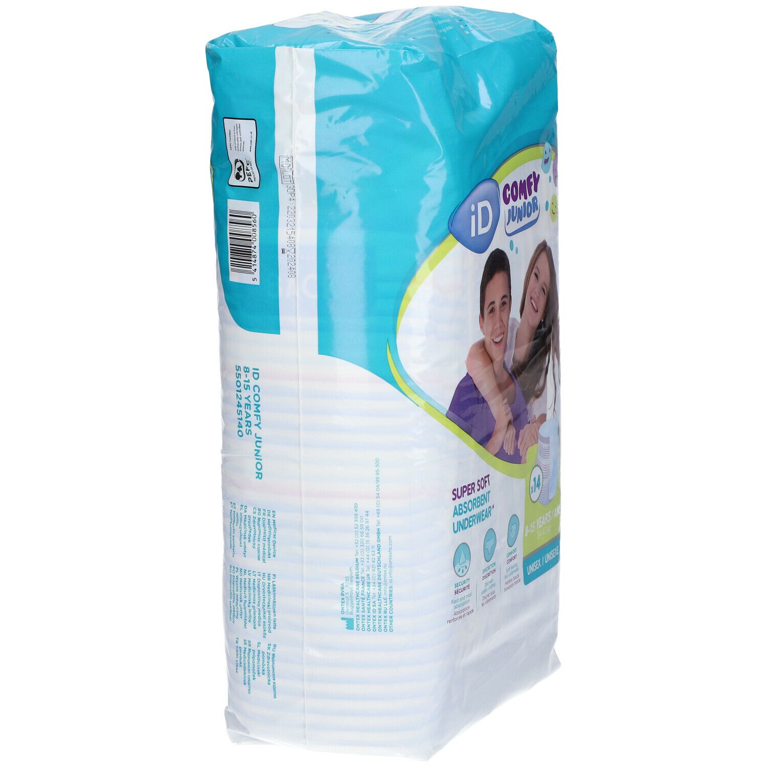 Zijkant van de verpakking iD Comfy Junior Pants. Opschrift: iD Comfy Junior. Informatie over ingrediënten en certificeringen.