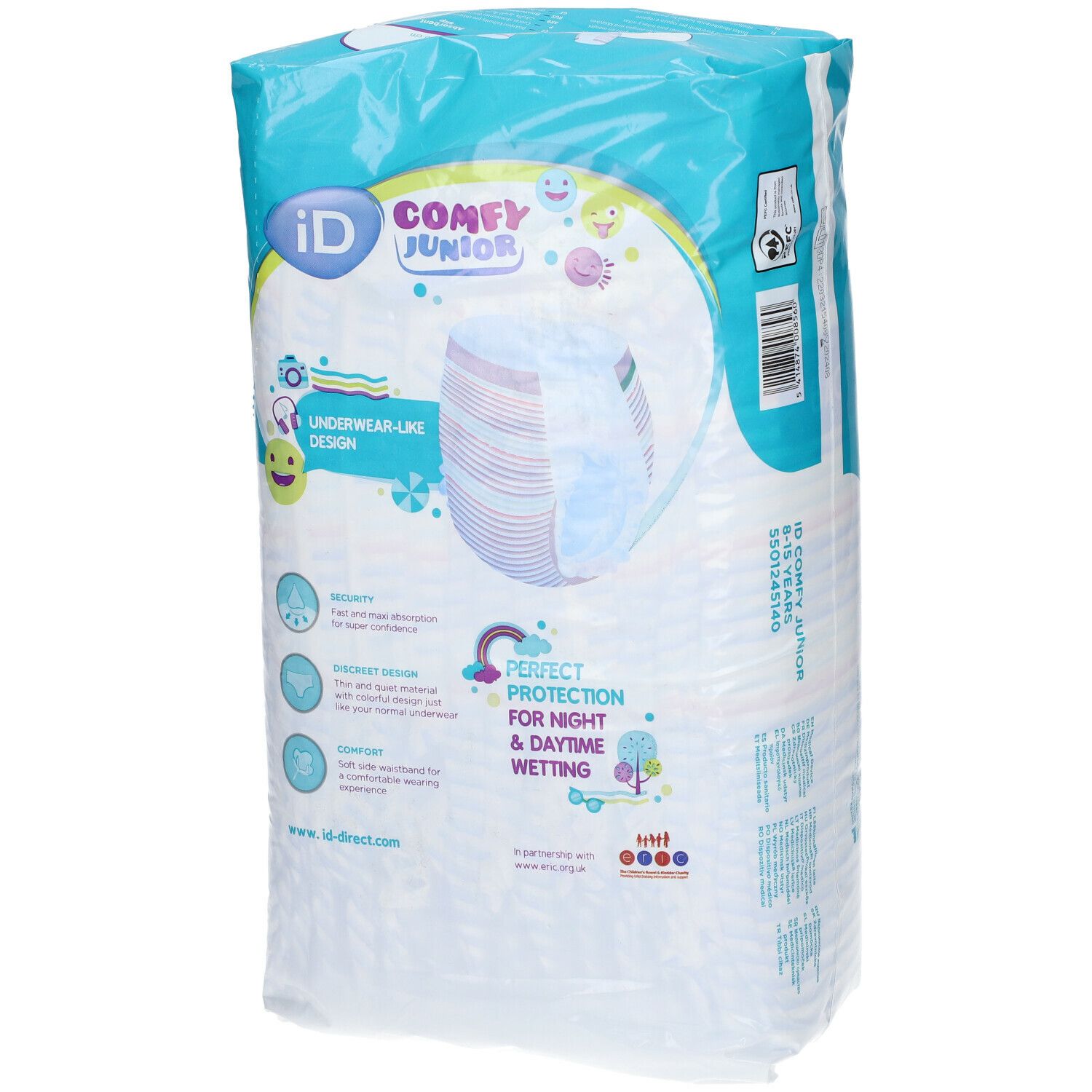 Verpakking iD Comfy Junior Pants. Opschrift: iD Comfy Junior. Informatie over kenmerken en gebruik. Illustratie van luier.