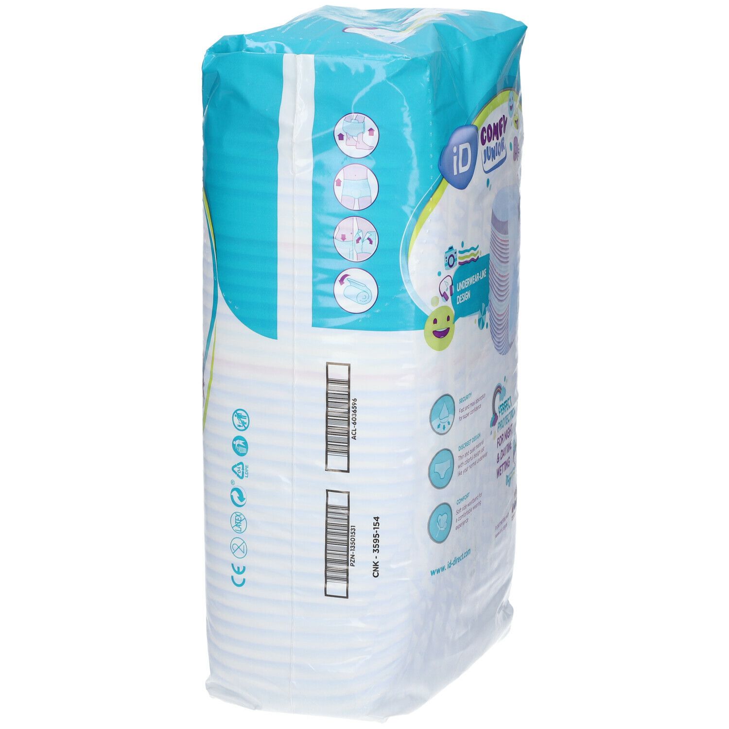 Zijkant van de verpakking iD Comfy Junior Pants. Opschrift: iD Comfy Junior. Streepjescodes en certificeringen.