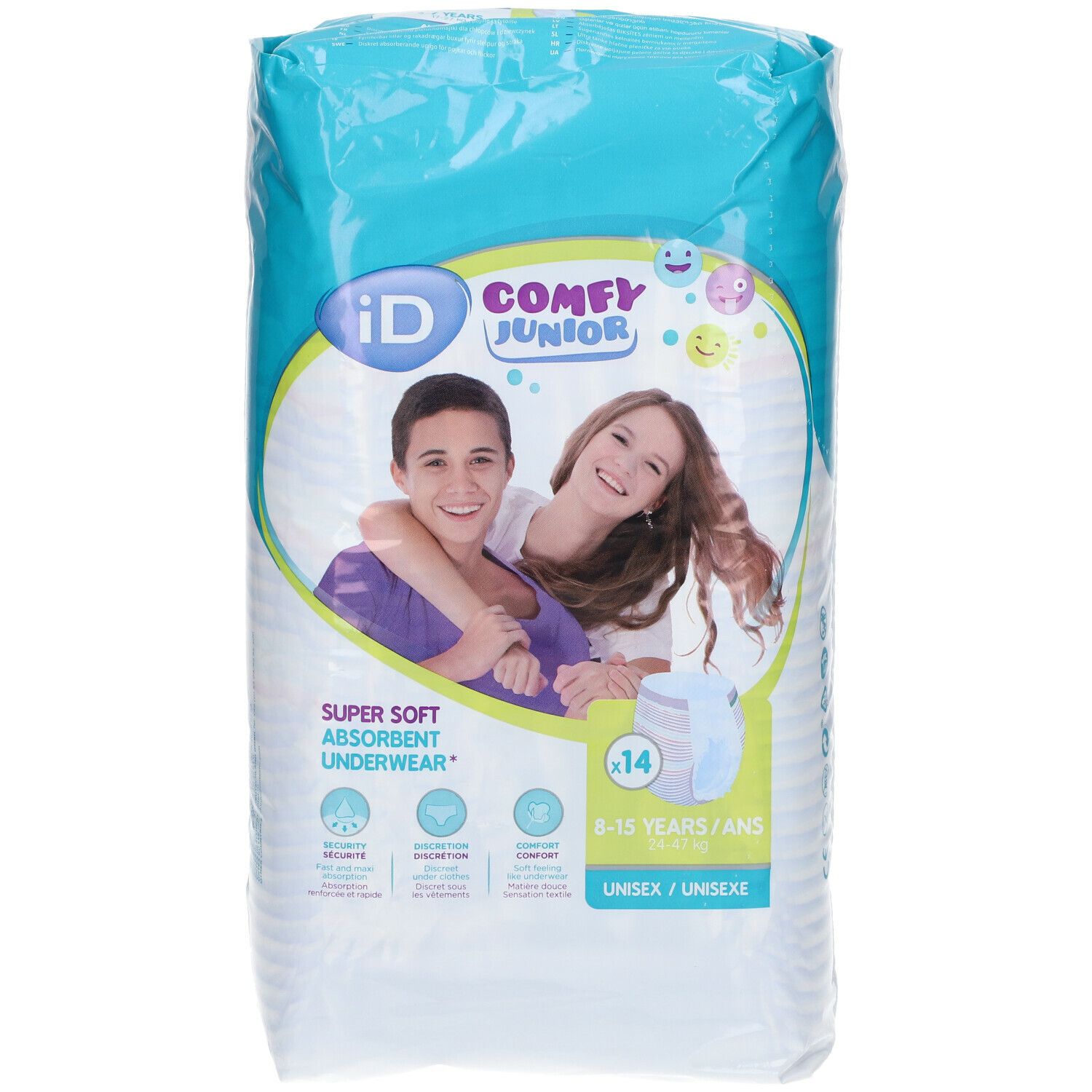 Verpakking iD Comfy Junior Pants. Opschrift: iD Comfy Junior, 8-15 jaar, 14 stuks. Afbeelding van twee tieners.