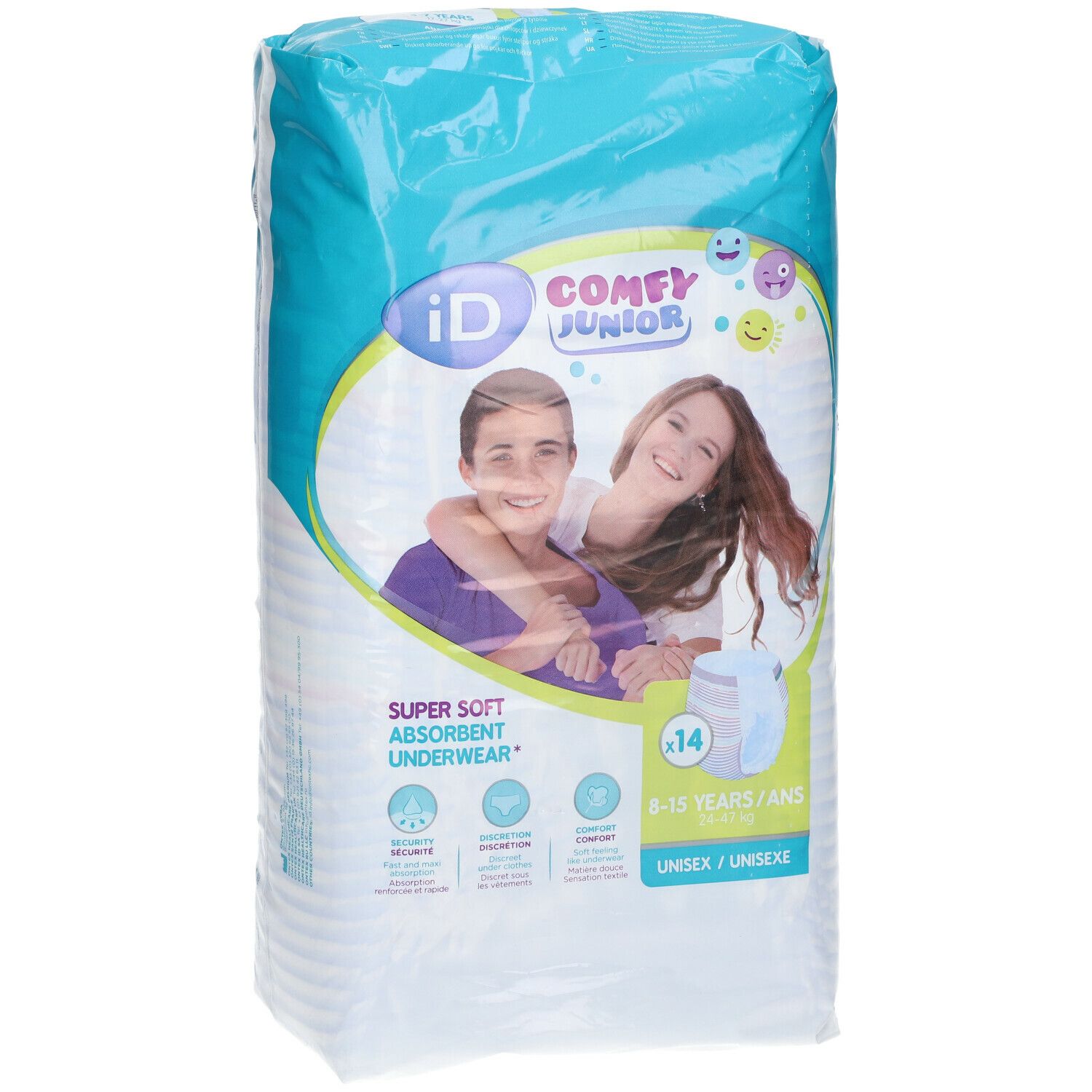 Verpakking iD Comfy Junior Pants. Opschrift: iD Comfy Junior, 8-15 jaar, 14 stuks. Afbeelding van twee tieners.