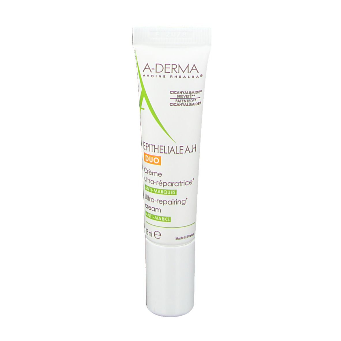 Creme-Tube, weiß mit grüner und orangefarbener Beschriftung. Enthält A-Derma Epitheliale A.H Duo Ultra-Repairing Cream.