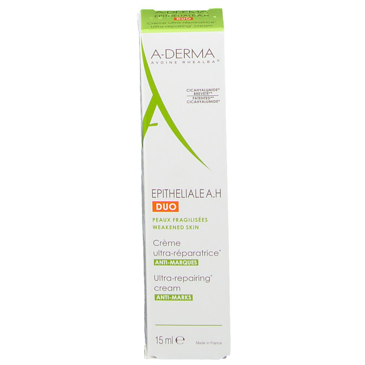 Schachtel für A-Derma Epitheliale A.H Duo Ultra-Repairing Cream. Weiß mit grüner und orangefarbener Beschriftung.