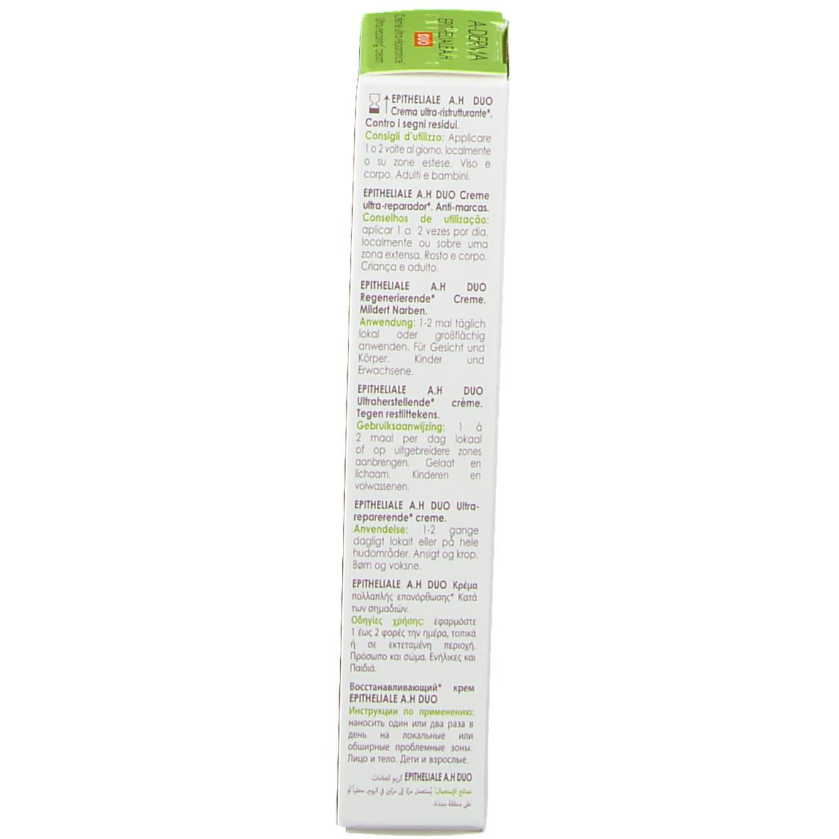 Rückseite der Schachtel für A-Derma Epitheliale A.H Duo. Text in mehreren Sprachen. Enthält Anweisungen.