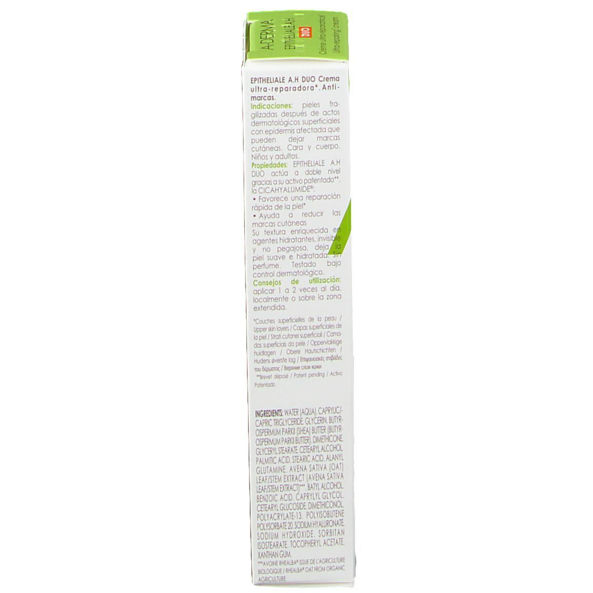 Seite der Schachtel für A-Derma Epitheliale A.H Duo. Text in mehreren Sprachen. Enthält Inhaltsstoffe.