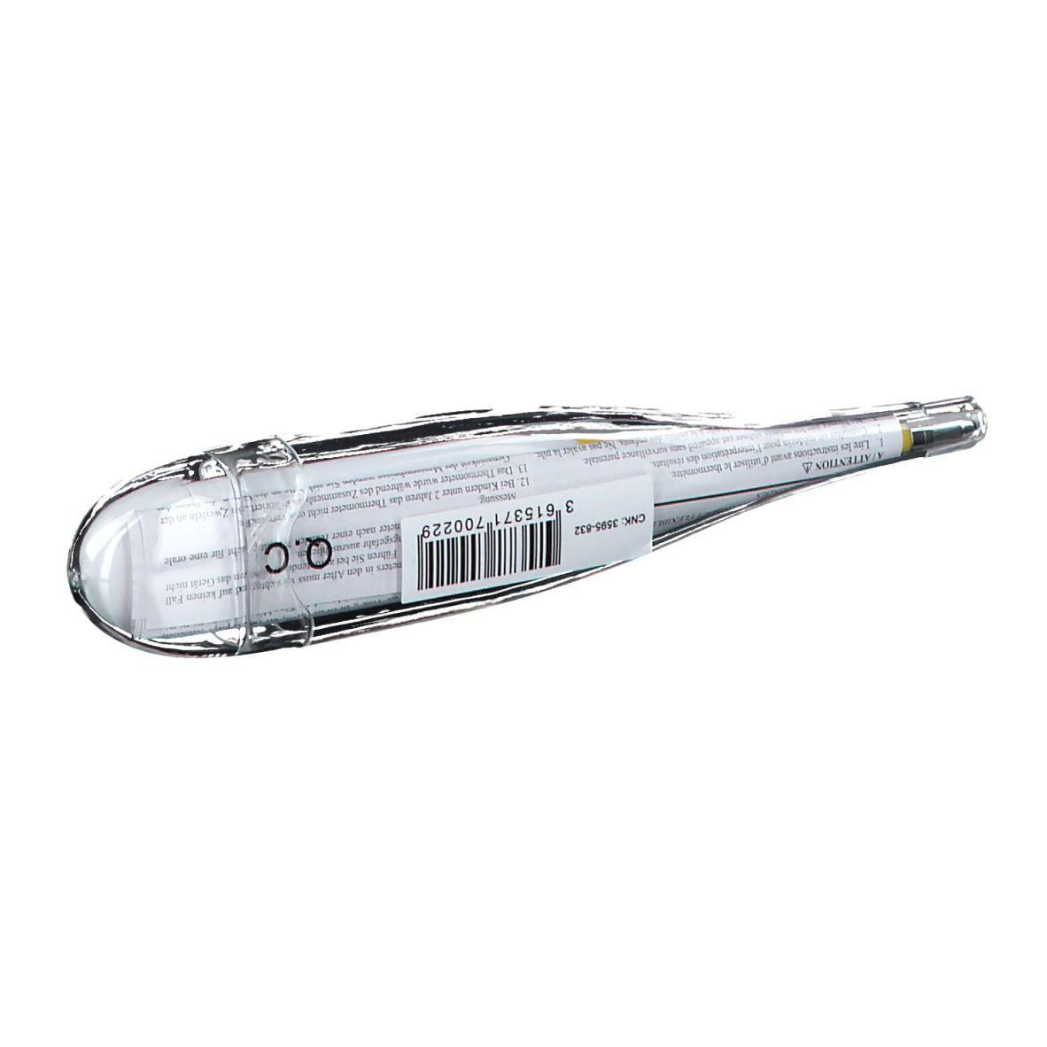 Digitale thermometer in hoes. Verpakking met barcode en tekst. Transparante hoes.