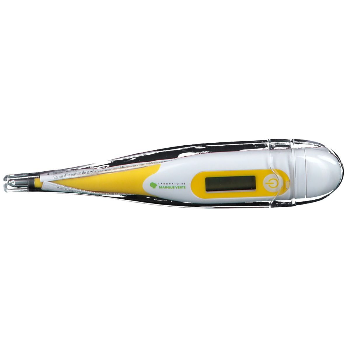 Digitale thermometer in hoes. Geel-wit ontwerp met display. Transparante hoes.