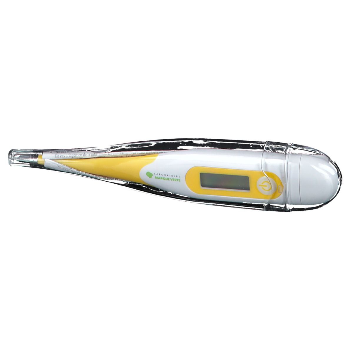 Digitale thermometer in hoes. Geel-wit ontwerp met display. Transparante hoes.