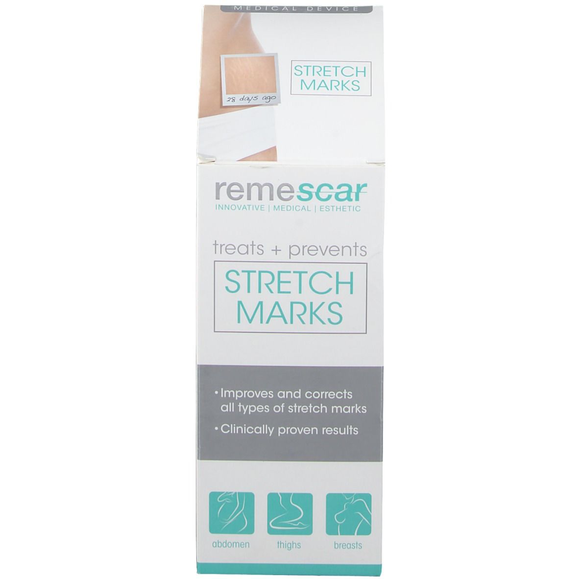 Productverpakking. Tekst: "treats + prevents stretch marks". Illustraties.